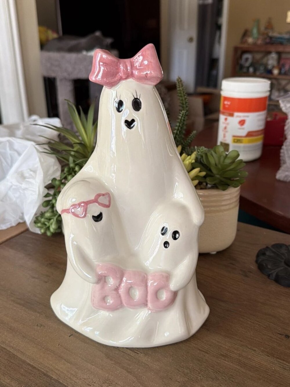 Ceramic Family Ghost Figurine Holding A "BOO" Sign - NWOT